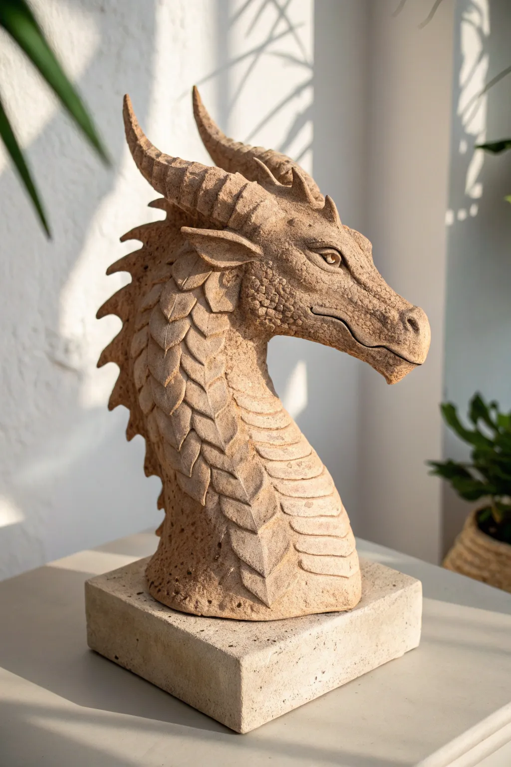 Minimalist clay dragon bust with layered scales and crisp shadows for bold texture