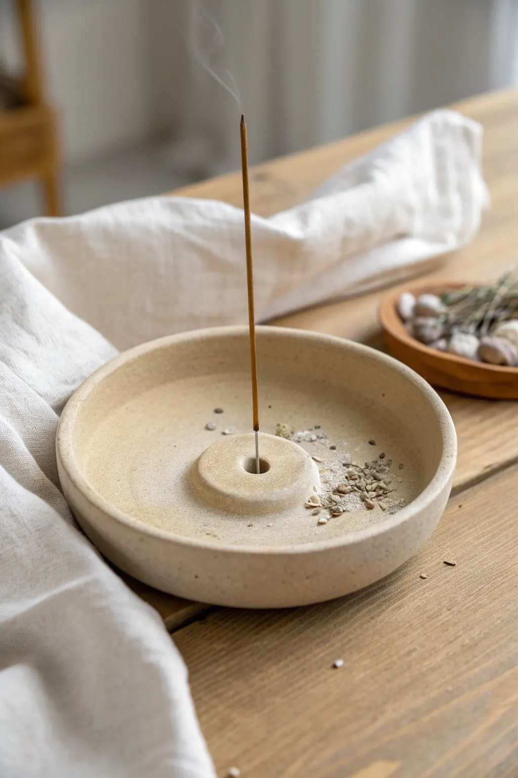 Minimal round clay incense dish with center hole, warm neutrals and soft ash detail.