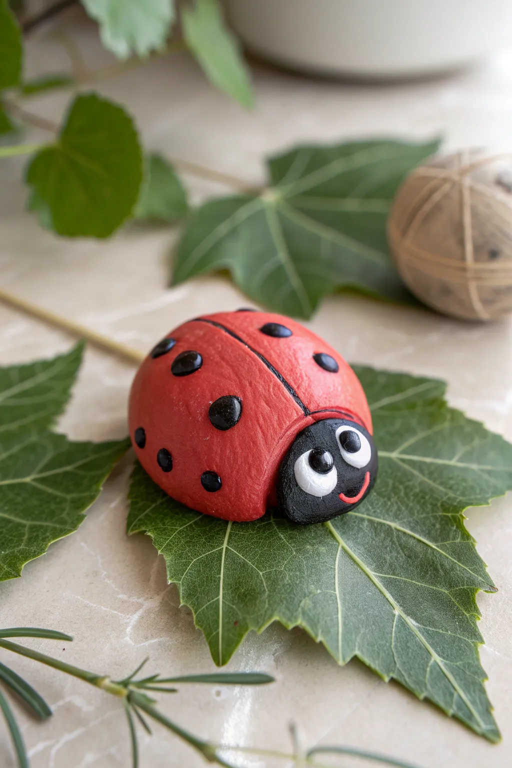 Classic spotted clay ladybug on a fresh green leaf, bright, minimal, and charming.