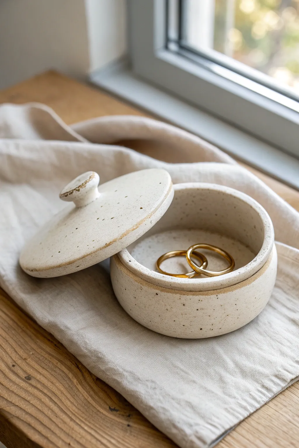 Classic pinch-pot jewelry box with a snug lid, matte finish, and a few rings inside.