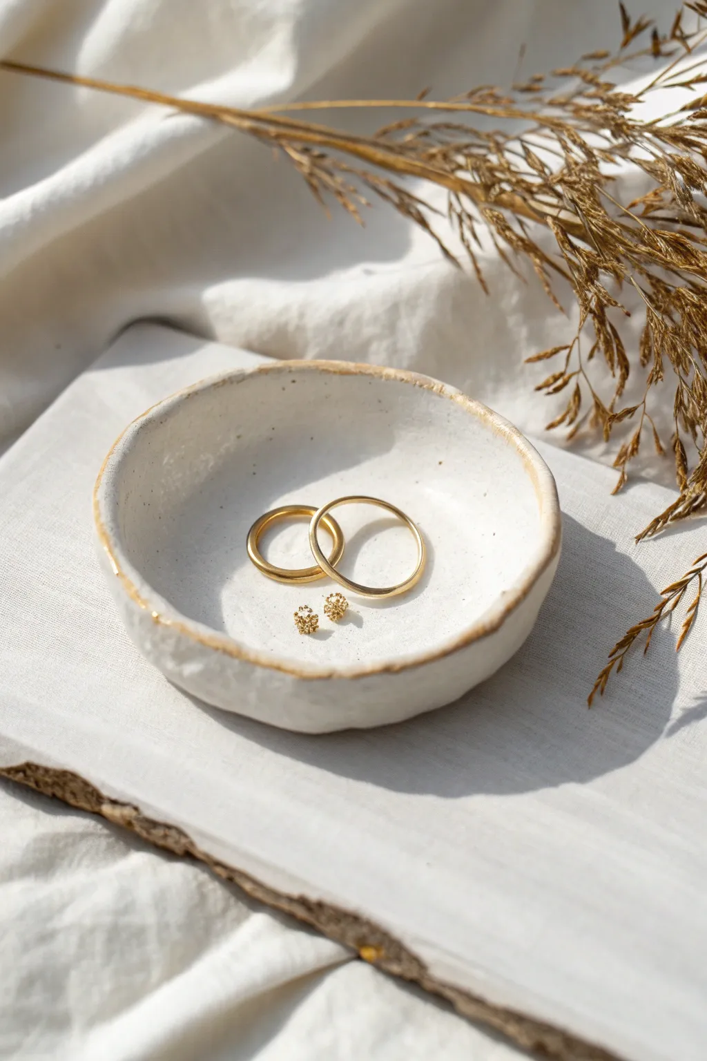 Classic matte white round ring dish with soft edges, styled simply with gold jewelry.