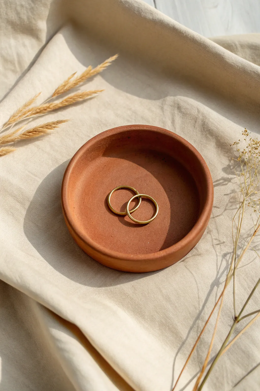Classic round terracotta ring dish, minimalist and handmade, perfect for bedside jewelry storage.