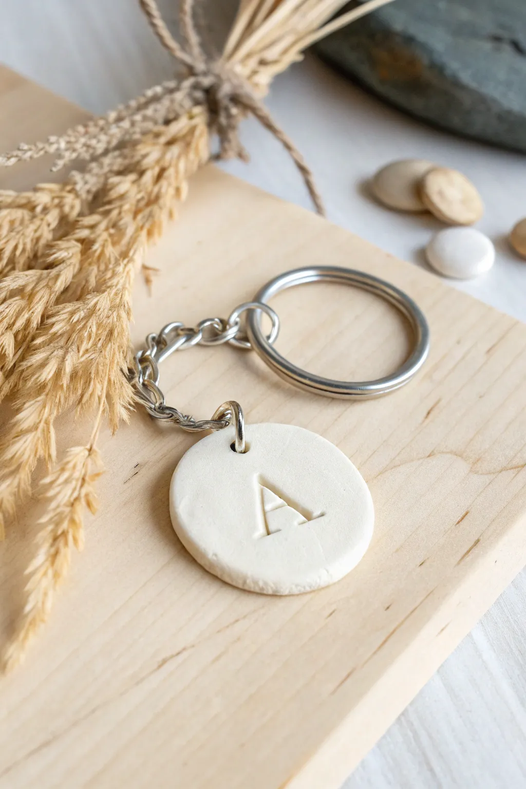 Minimal matte clay initial keychain on light wood—simple, handmade, and timelessly chic.