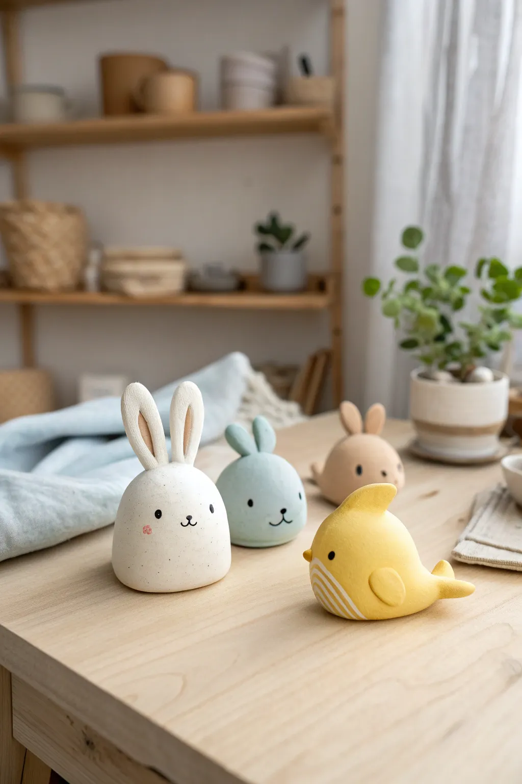 Palm-sized clay animals in soft pastels, a sweet mini kit idea with cozy minimal studio vibes.