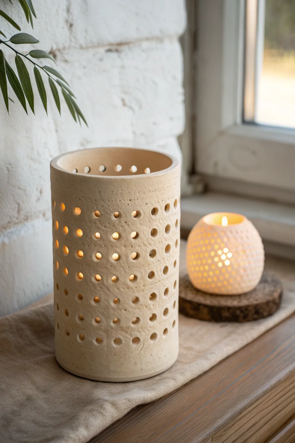Minimal perforated clay votive lamp glowing softly, casting warm dotted shadows on the wall