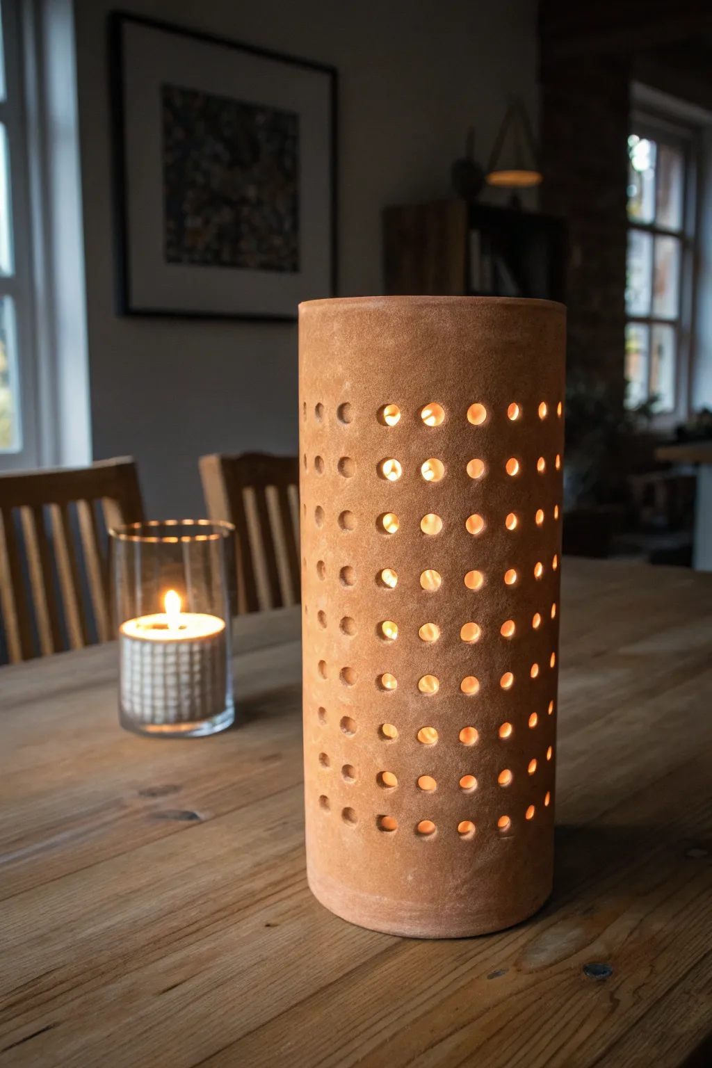 Classic pierced clay cylinder lantern casting a soft dotted glow for cozy minimalist evenings