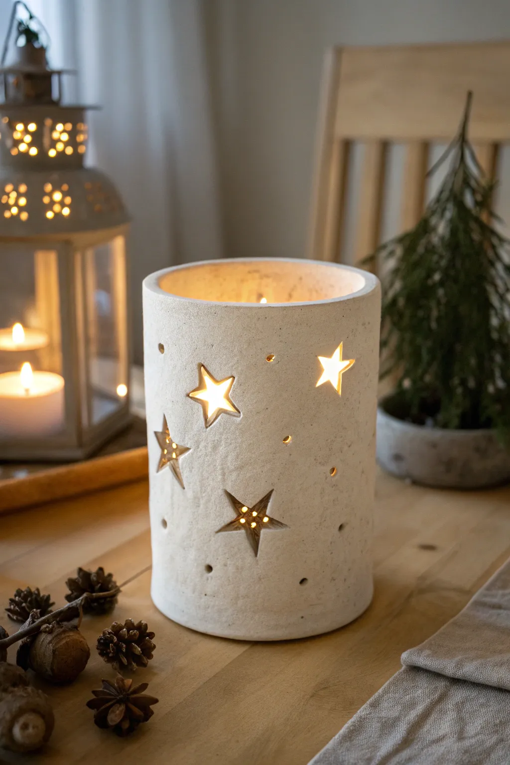 Classic clay cylinder lantern with round and star cutouts, casting warm light patterns