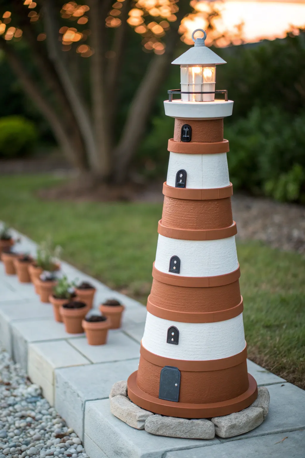 Classic stacked terracotta pot lighthouse, clean white bands, perfect minimalist garden accent.