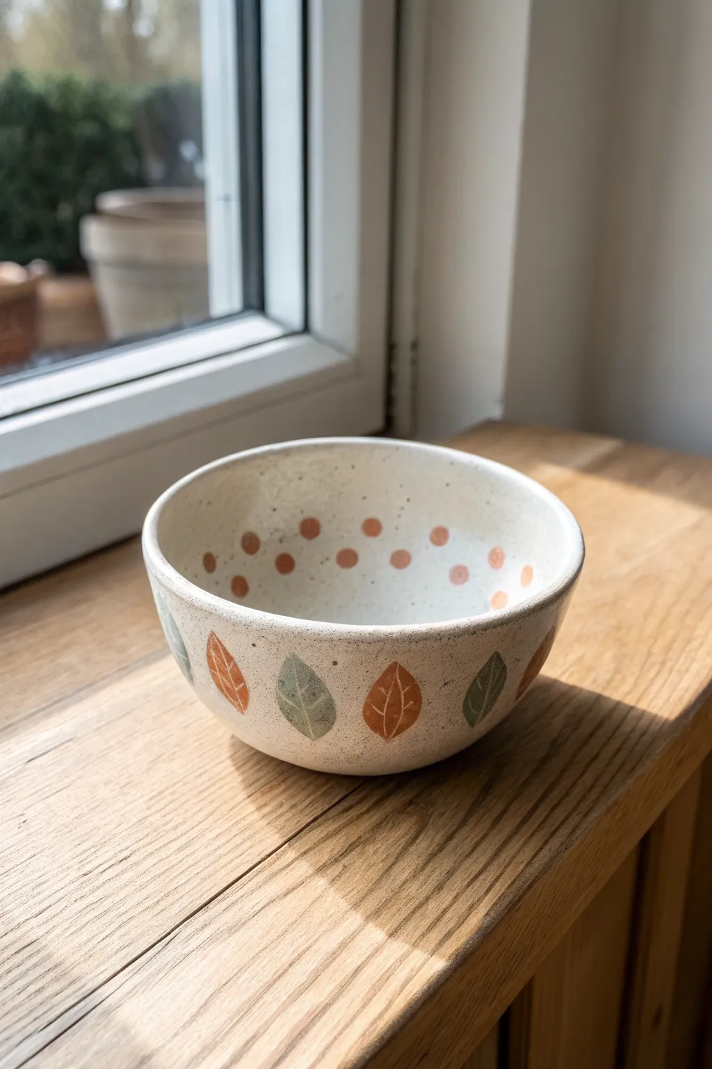 A cozy beginner pinch-pot trinket bowl with a simple painted pattern in soft, minimal tones.