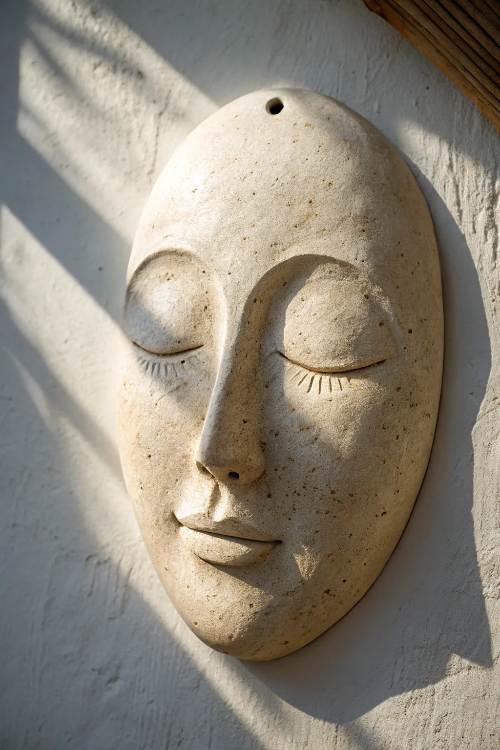 Classic wall-hanging clay face mask with calm features, styled on a textured plaster wall