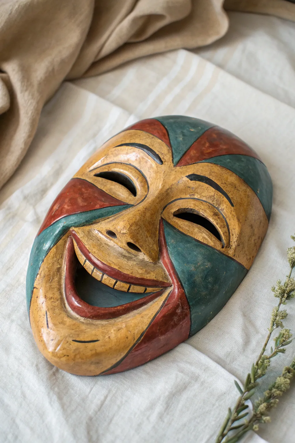 Bold slab-built clay face mask with a huge grin, perfect classic expression project for art class.