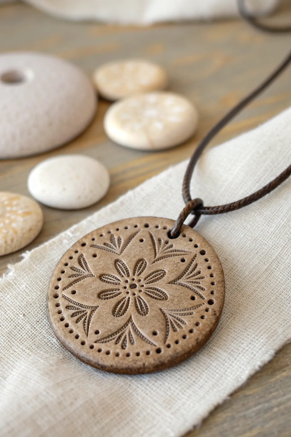 Classic stamped clay medallion in neutral tones, with one antiqued piece to highlight texture.