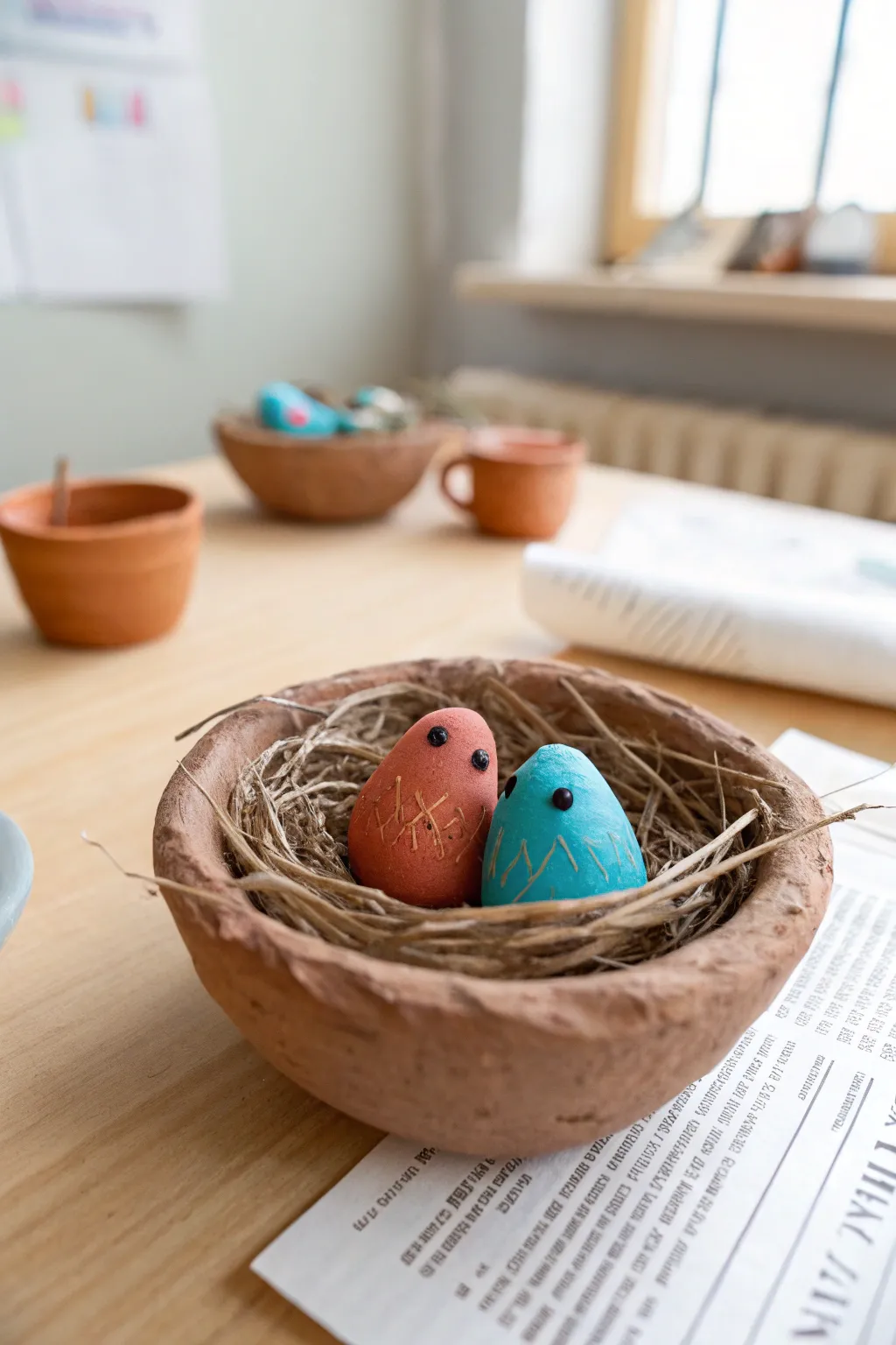 Sweet pinch pot nest with tiny primary color birds, a simple clay project for kindergarten