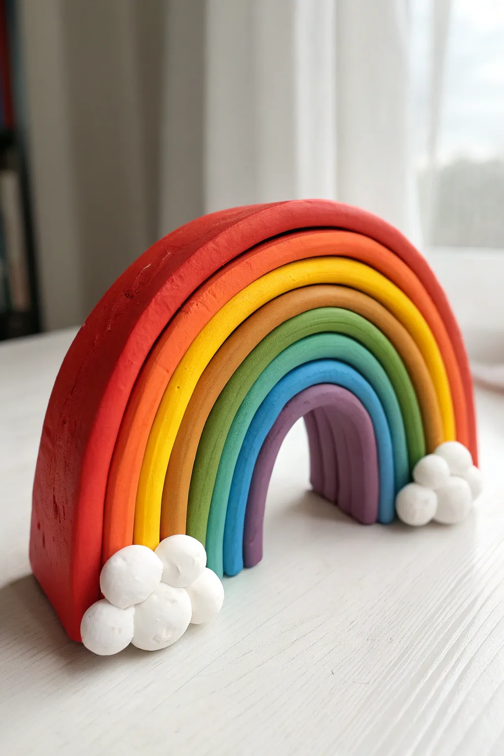 Rainbow coil snakes in bold clay colors with fluffy clouds, a sweet preschool-friendly masterpiece.