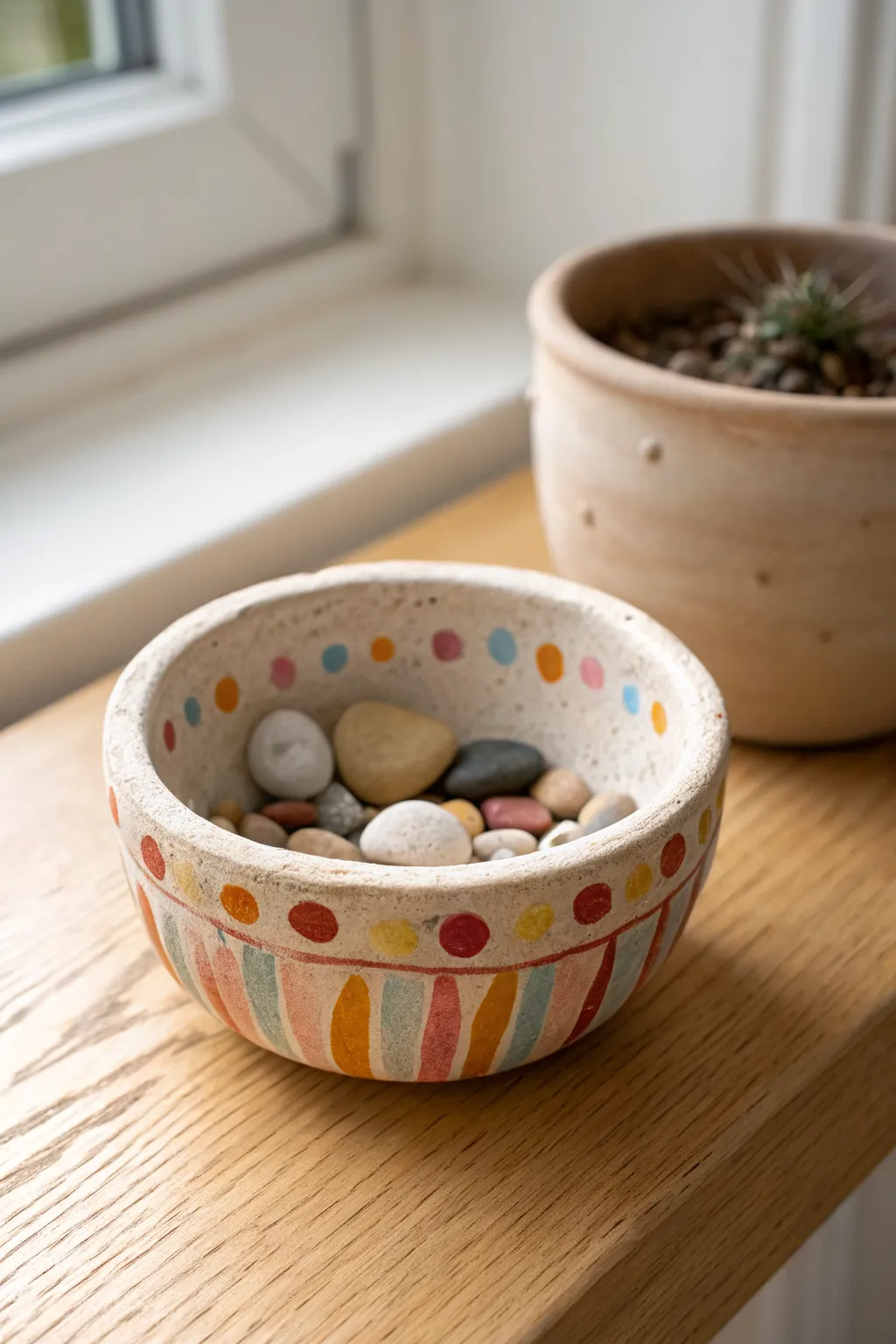 Classic pinch-pot treasure bowl with playful dots and stripes, ready to hold kids tiny finds.