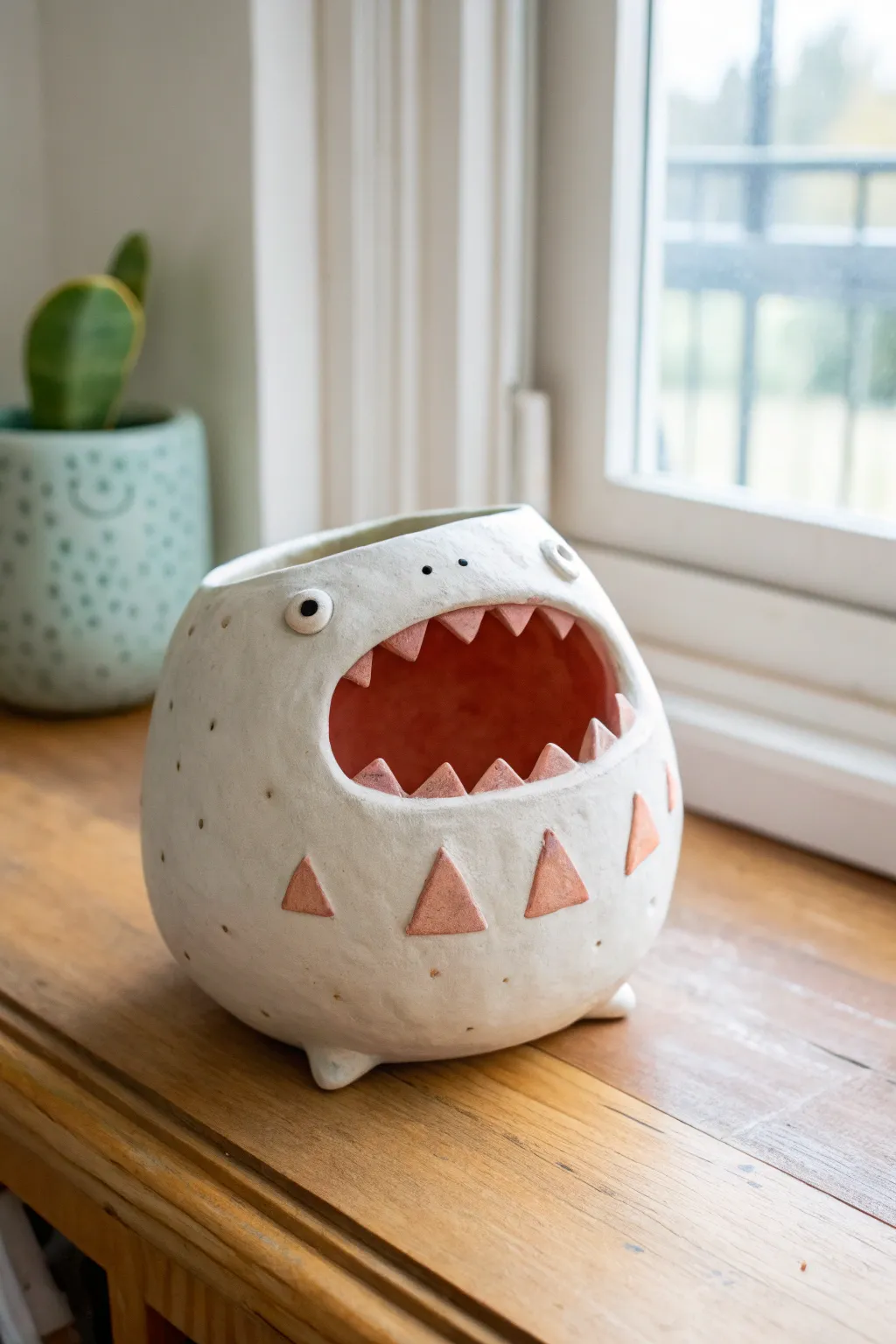 Pinch pot big-mouth monster with tiny teeth and a bright tongue, minimal and irresistibly cute.