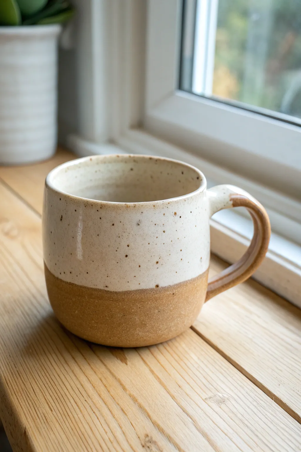 Classic two-tone dip-glaze mug: raw clay warmth above, glossy calm below in cozy light.