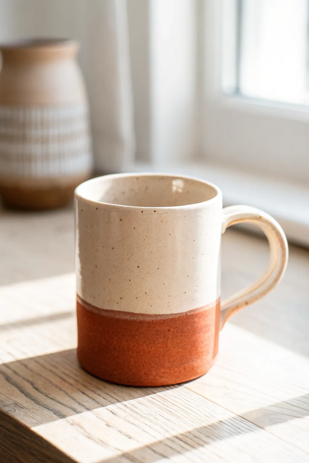 Classic two-tone dipped clay mug with a crisp line, minimalist styling, and warm earthy contrast