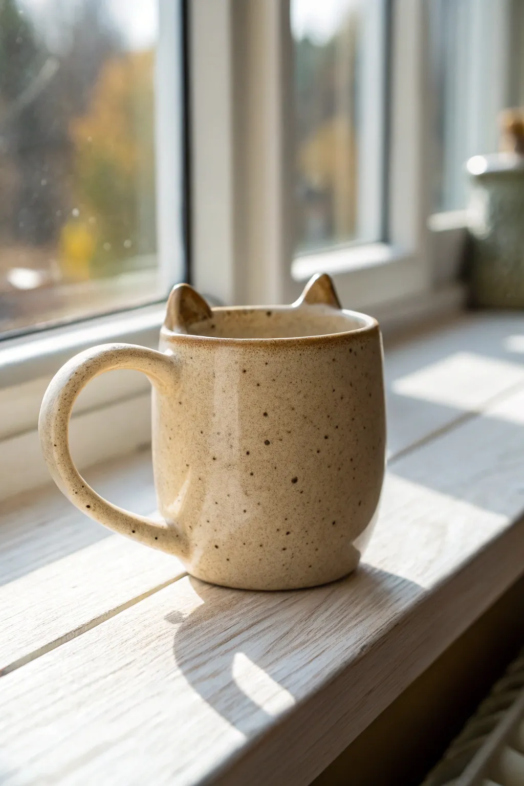 Cozy cat-tail handle mug in warm neutral glaze, minimalist and handcrafted with soft boho charm.