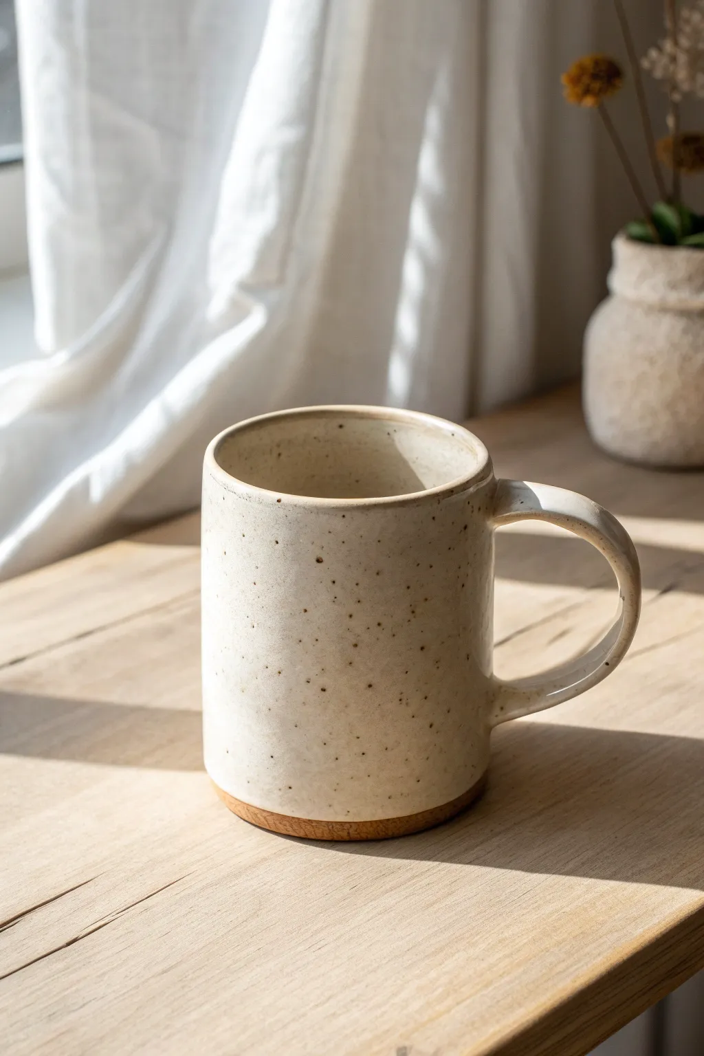 Classic slab-built cylinder mug in soft neutral glaze, minimalist and handmade charm.