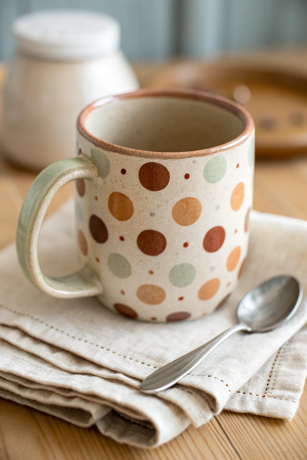 Simple polka dot wrap mug in earthy tones, an easy DIY look that feels cheerful and calm