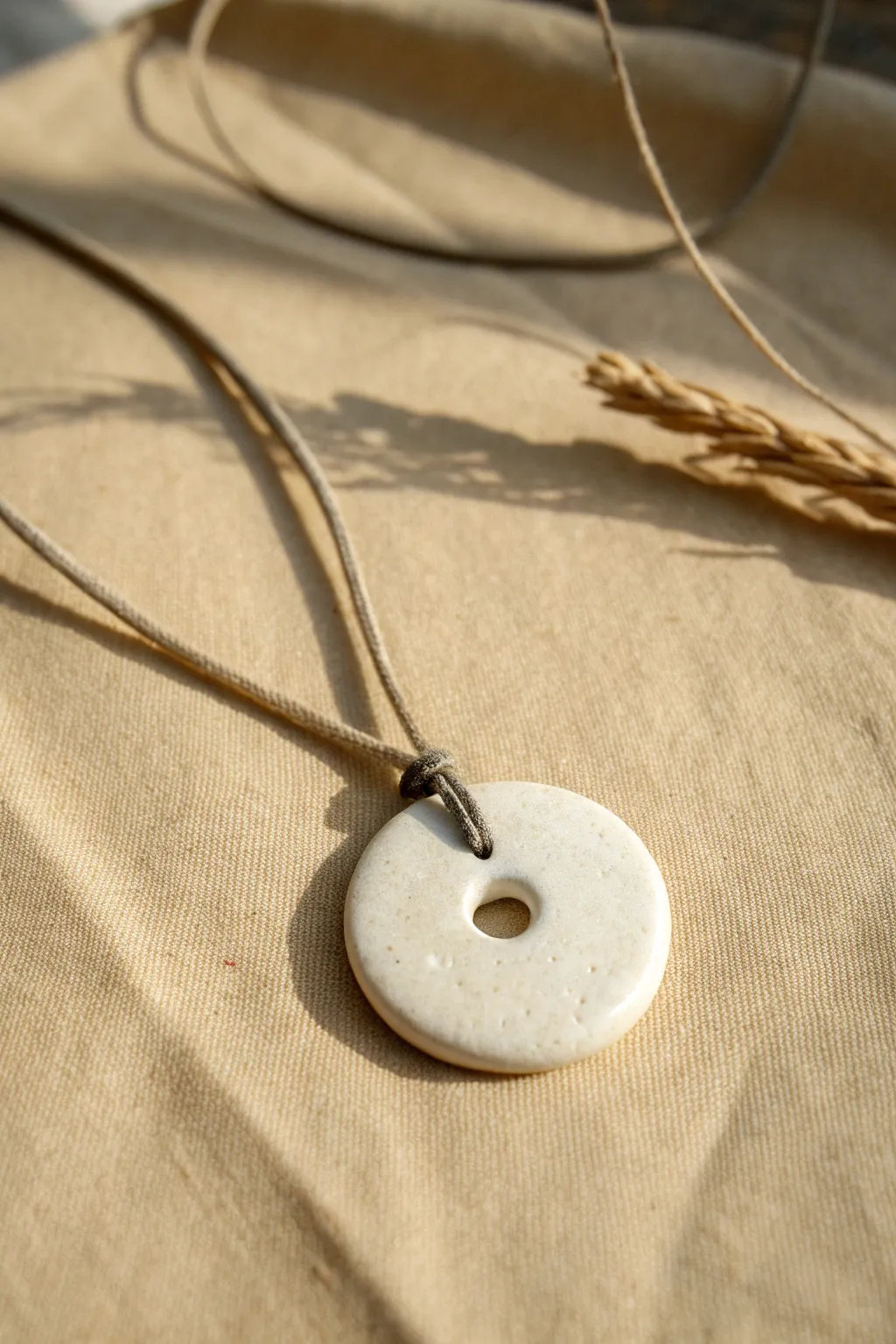 Simple round clay pendant necklace with a matte finish, minimal cord, and clean neutral styling
