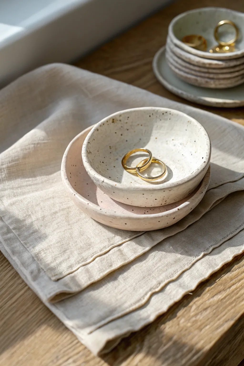 Easy DIY trinket dishes in soft neutrals, stacked with simple textures and a few rings