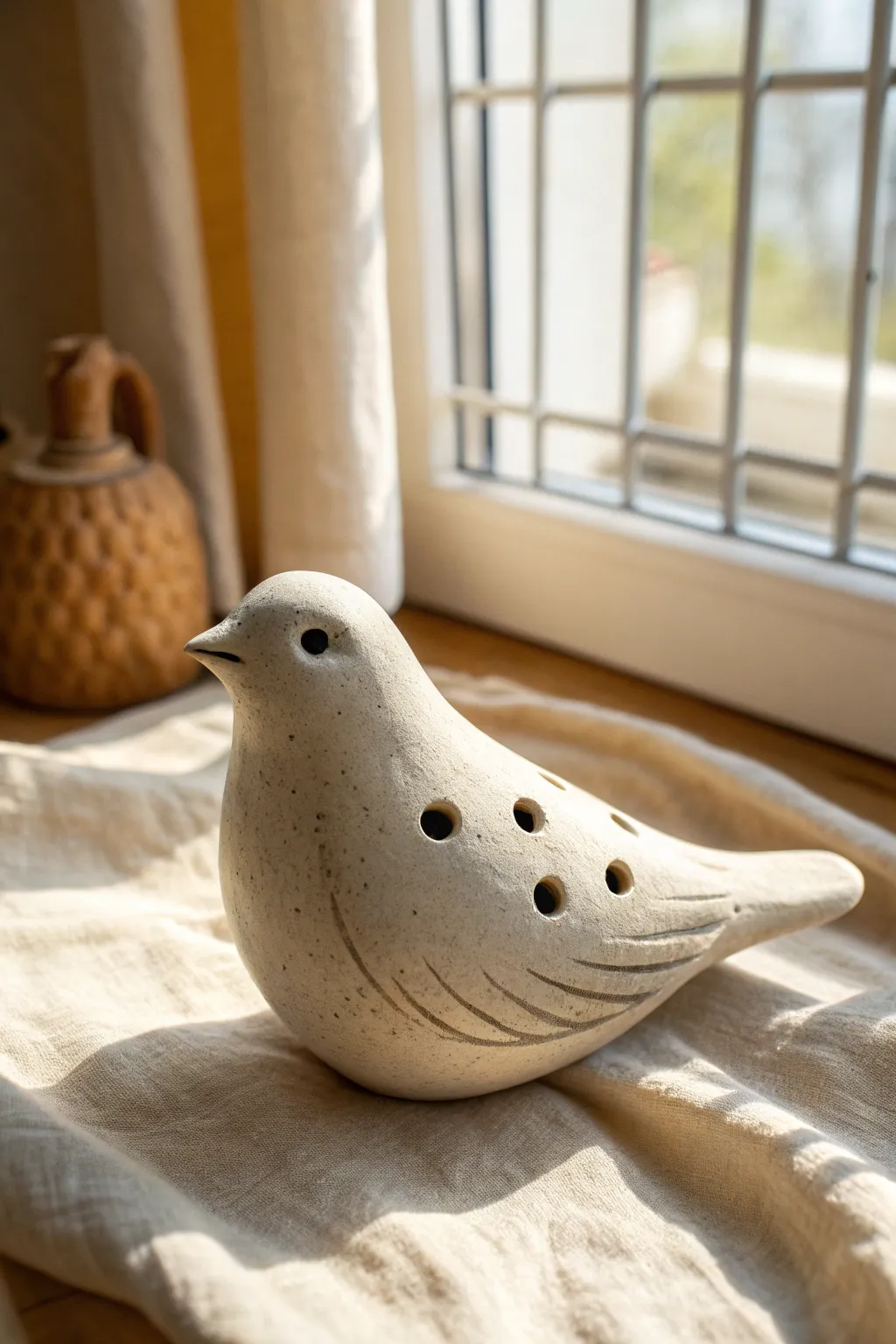 Classic bird ocarina with speckled glaze, clean wing lines, and crisp finger holes in focus