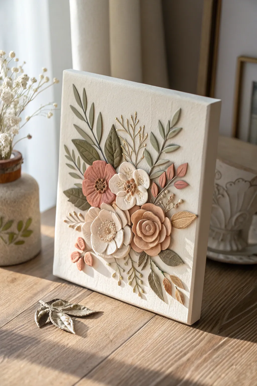 Minimal clay bouquet relief on canvas with soft neutrals and crisp shadows for cozy boho decor.