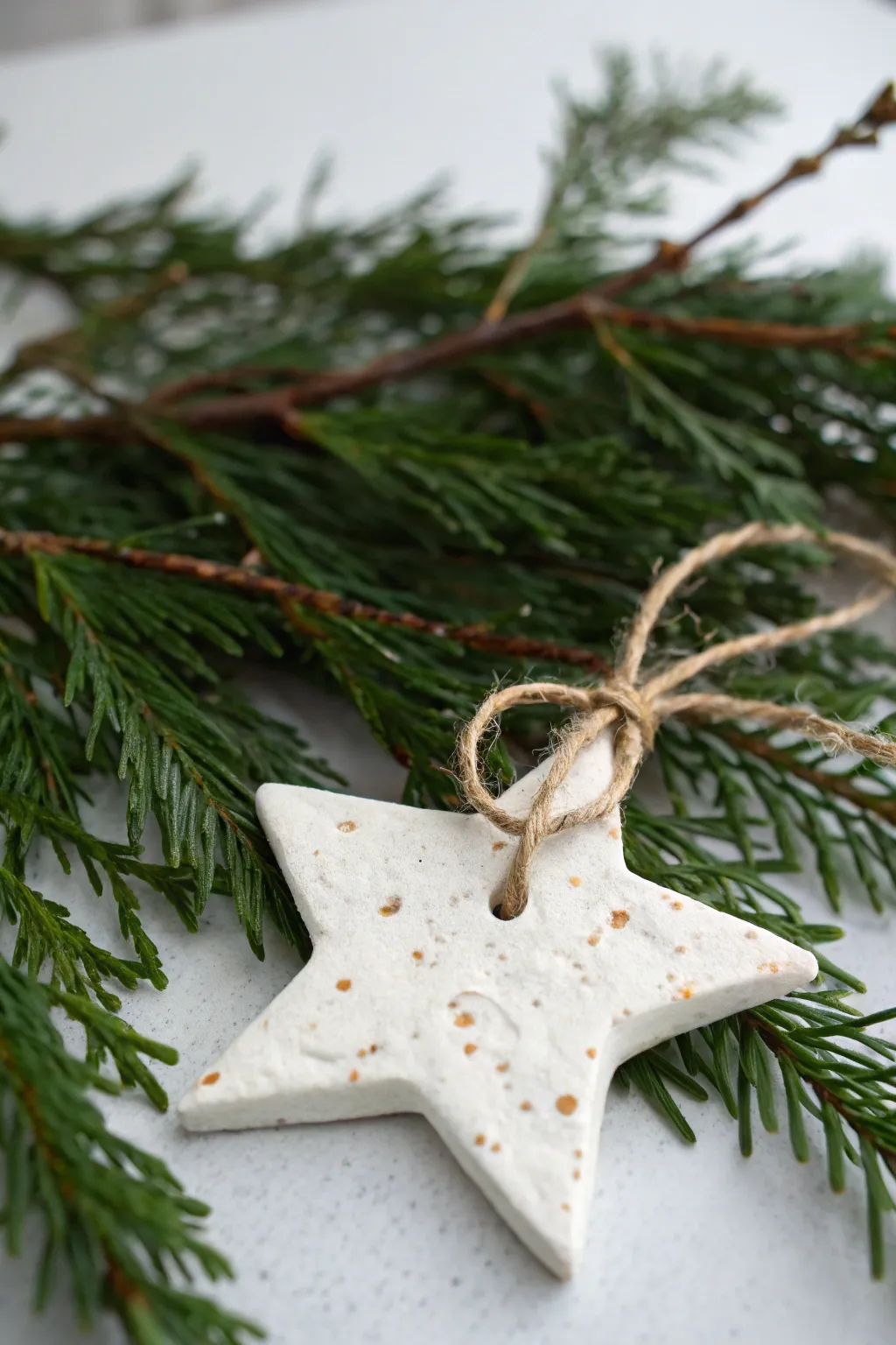 Classic matte clay star with twine on evergreen, a simple Scandinavian-boho holiday touch.