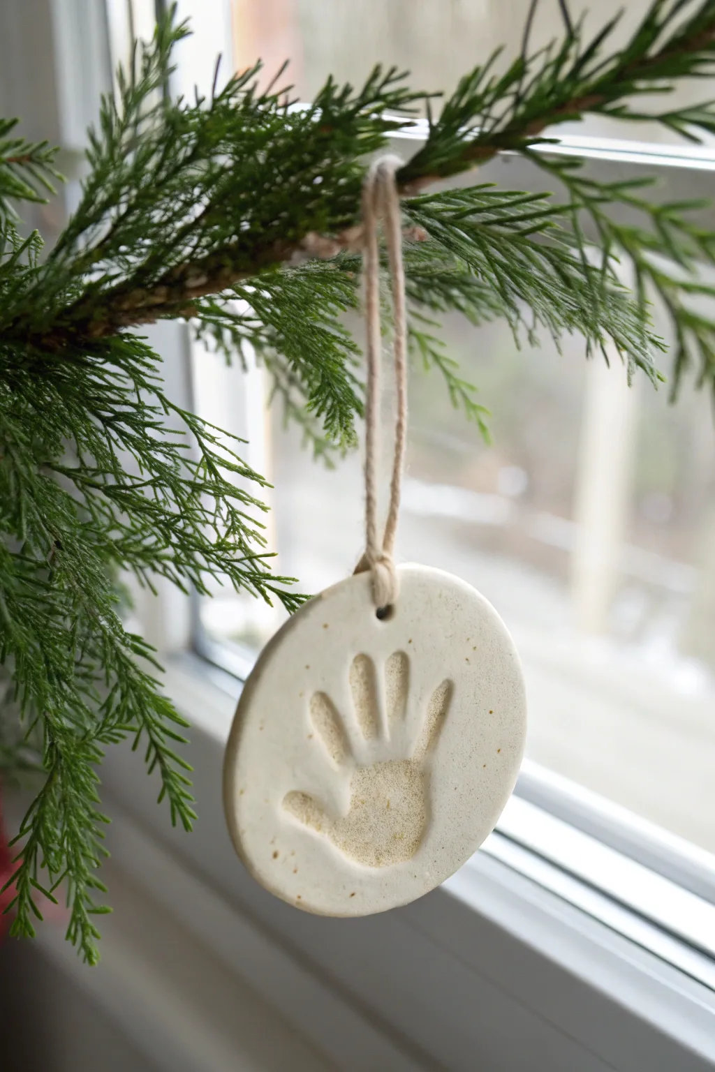 Minimalist clay handprint ornament on evergreen with linen ribbon, a sweet keepsake for kids