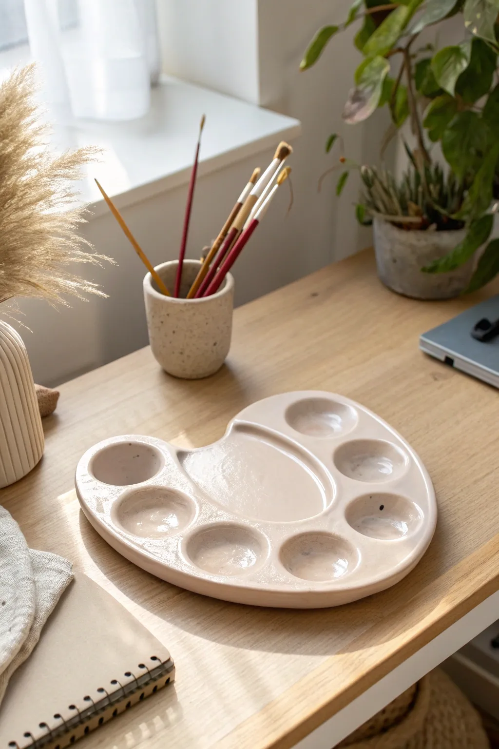 Classic kidney-shaped ceramic paint palette in soft neutral glaze, serene minimalist workspace.