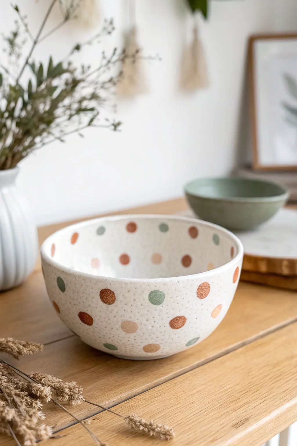 Polka dot painted bowl in soft earthy tones, minimalist and handmade for a fresh pop of charm.