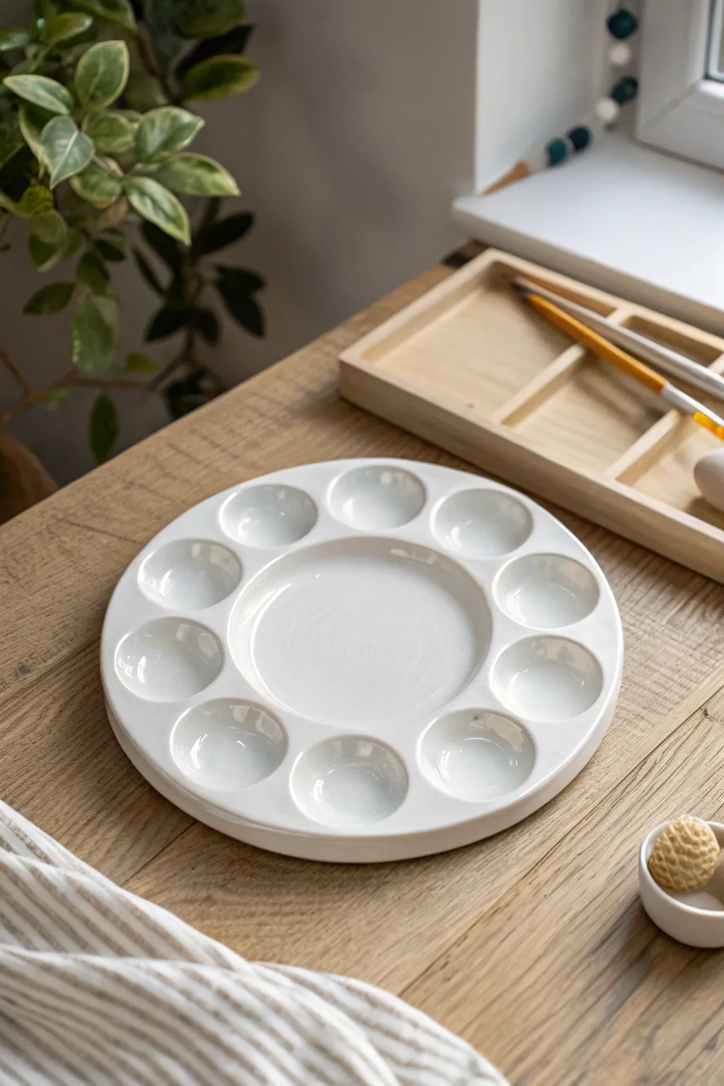 Classic round palette with center well, glossy white and perfect for mixing gentle hues.