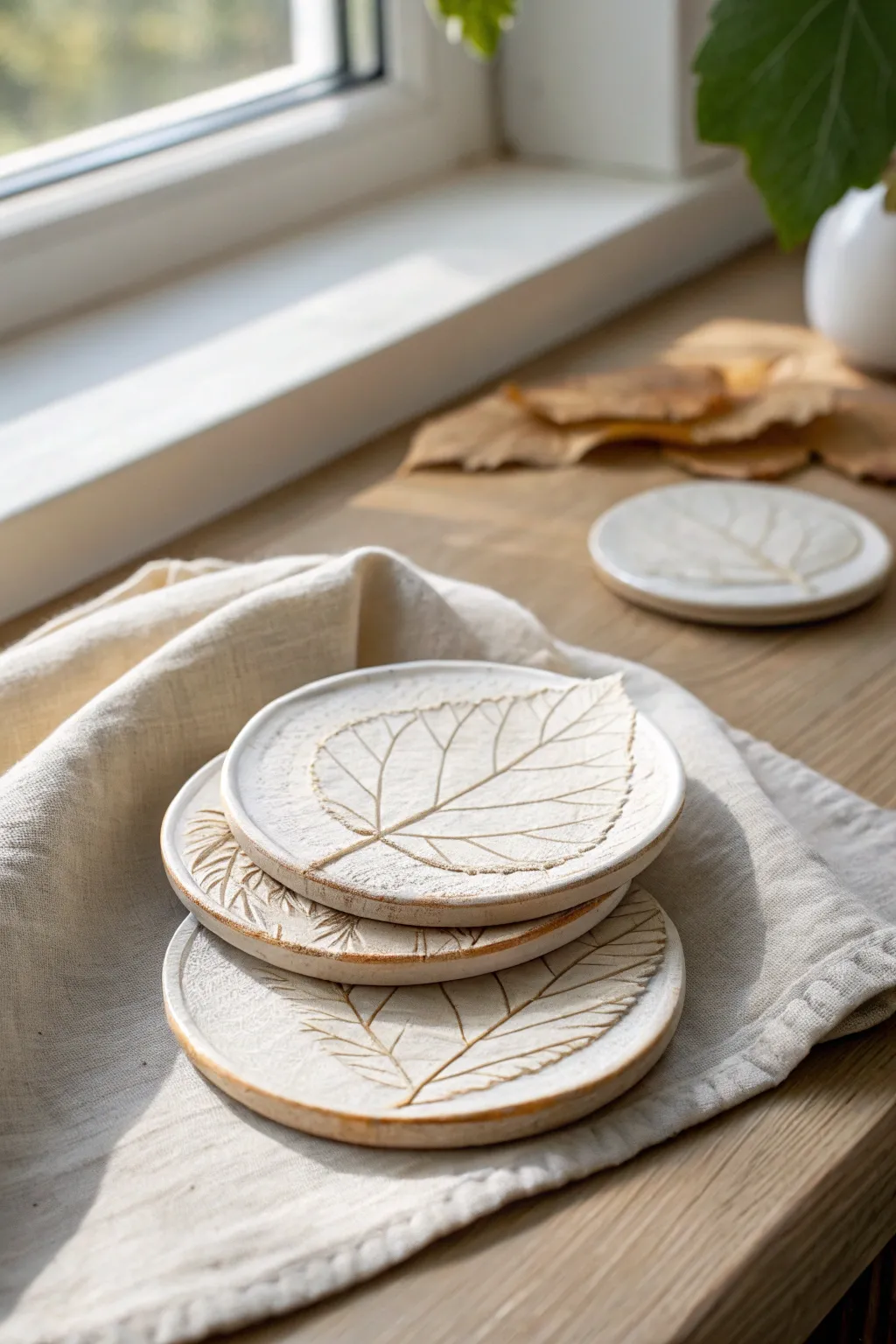 Soft matte clay coasters with crisp leaf veins, stacked simply for a calm botanical look