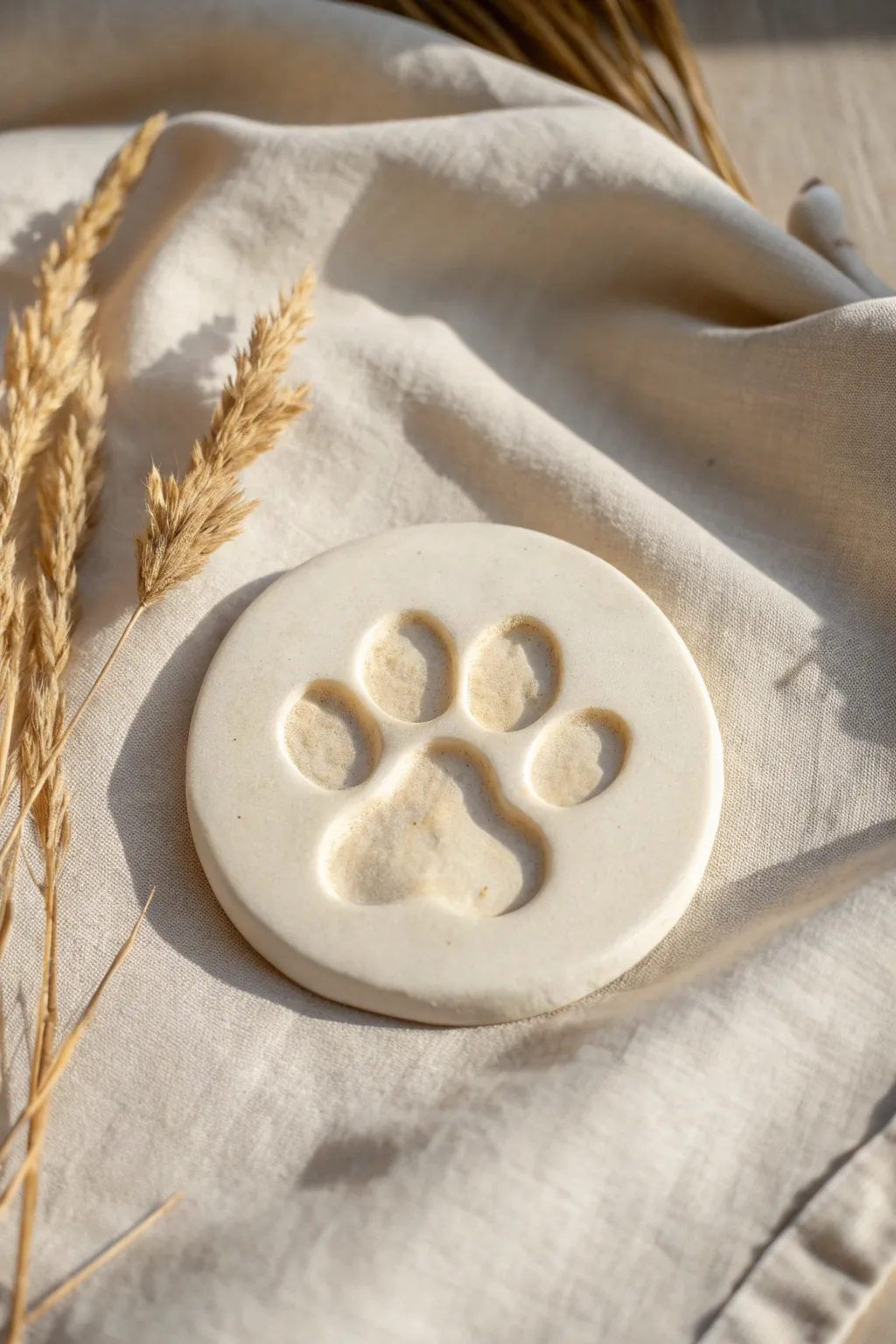 Timeless round clay paw print plaque in natural matte clay, a minimalist pet keepsake.