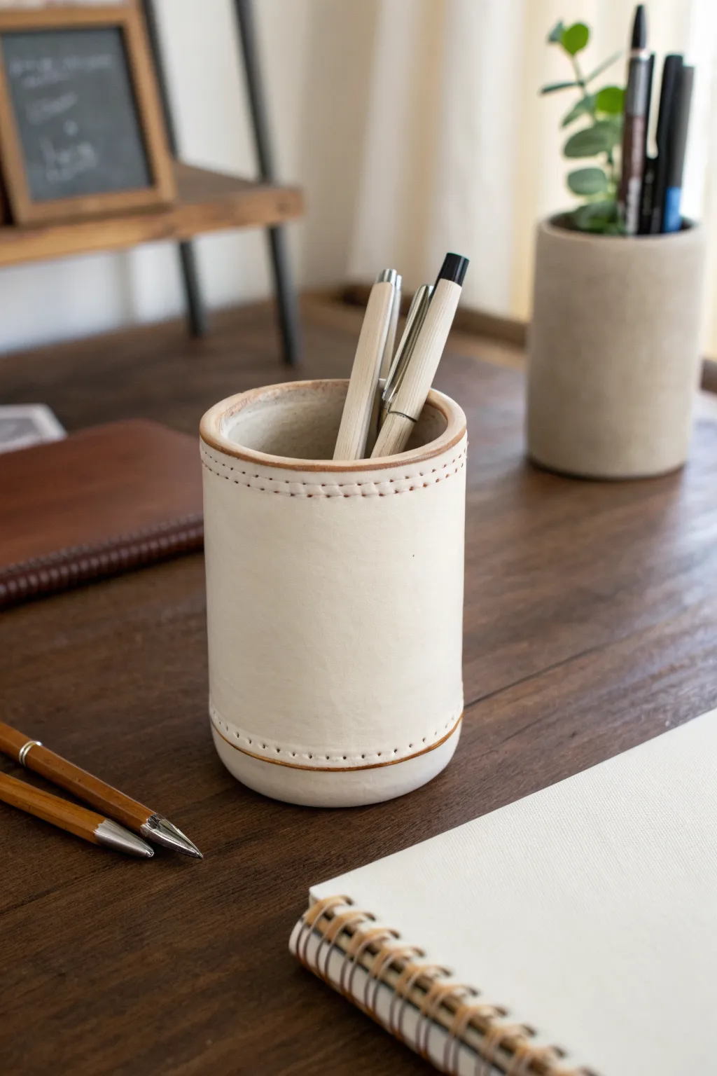 Classic slab-wrapped clay pen cup in matte stoneware for a calm, minimalist desk moment.