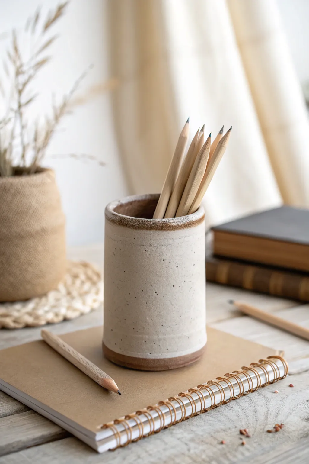 Simple matte clay cylinder pencil holder adds calm, handmade charm to your minimalist desk.