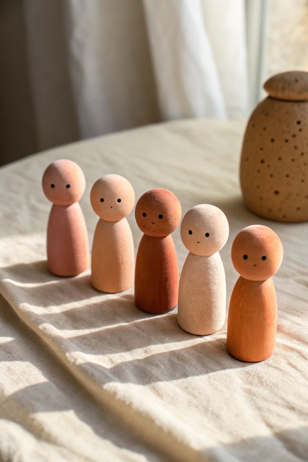 Sweet little peg clay people with blush cheeks, minimalist and boho-perfect for beginners.