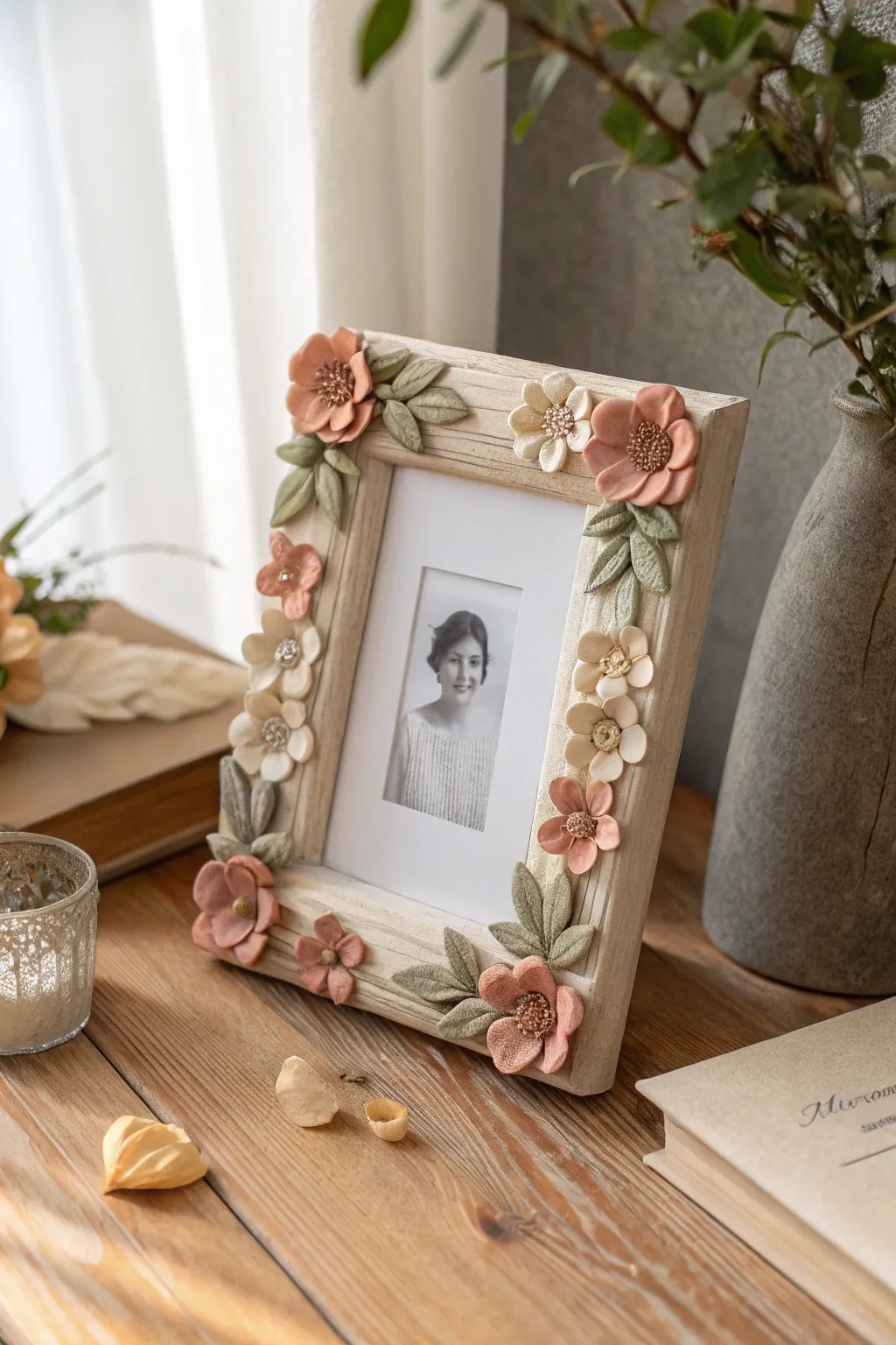 Classic clay photo frame with soft floral corner clusters in calm neutrals and blush pastels