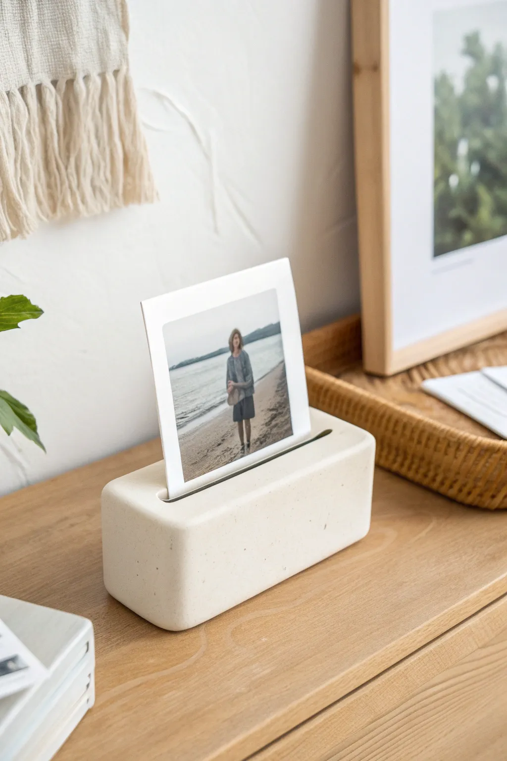 Minimal slit clay block stand holding an instant photo, perfect for a calm Scandinavian desk