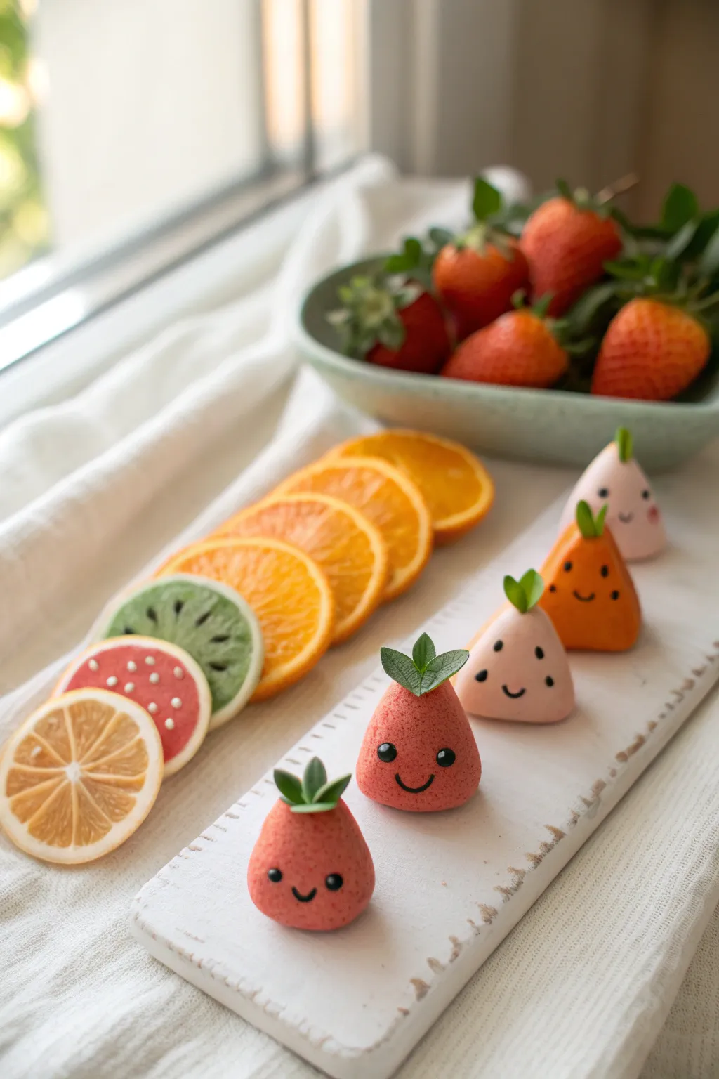 Mini clay fruit characters with sweet faces, styled in a clean Scandinavian lineup