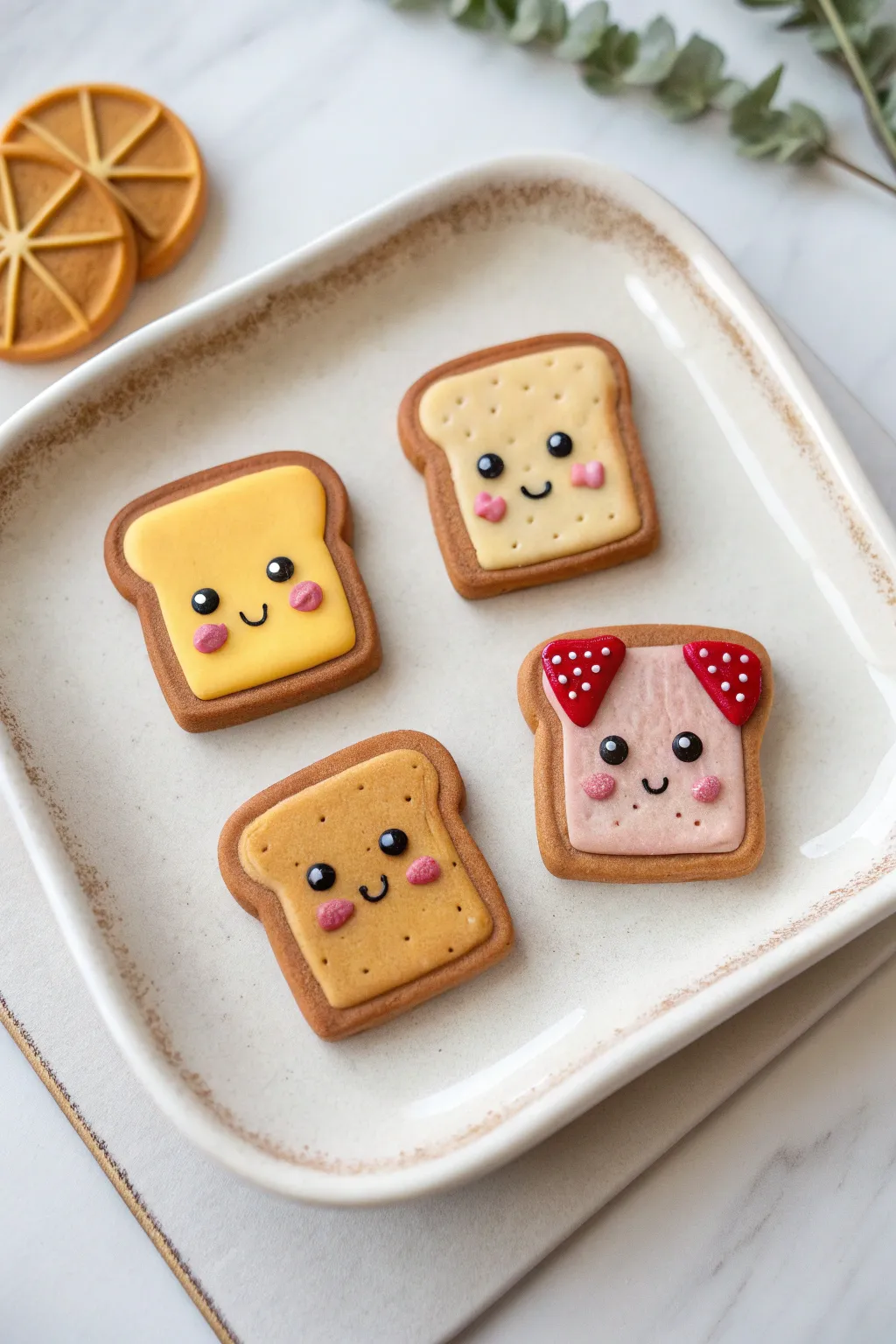 Kawaii toast clay pins in warm neutrals with butter, jam, sprinkles, and honey details