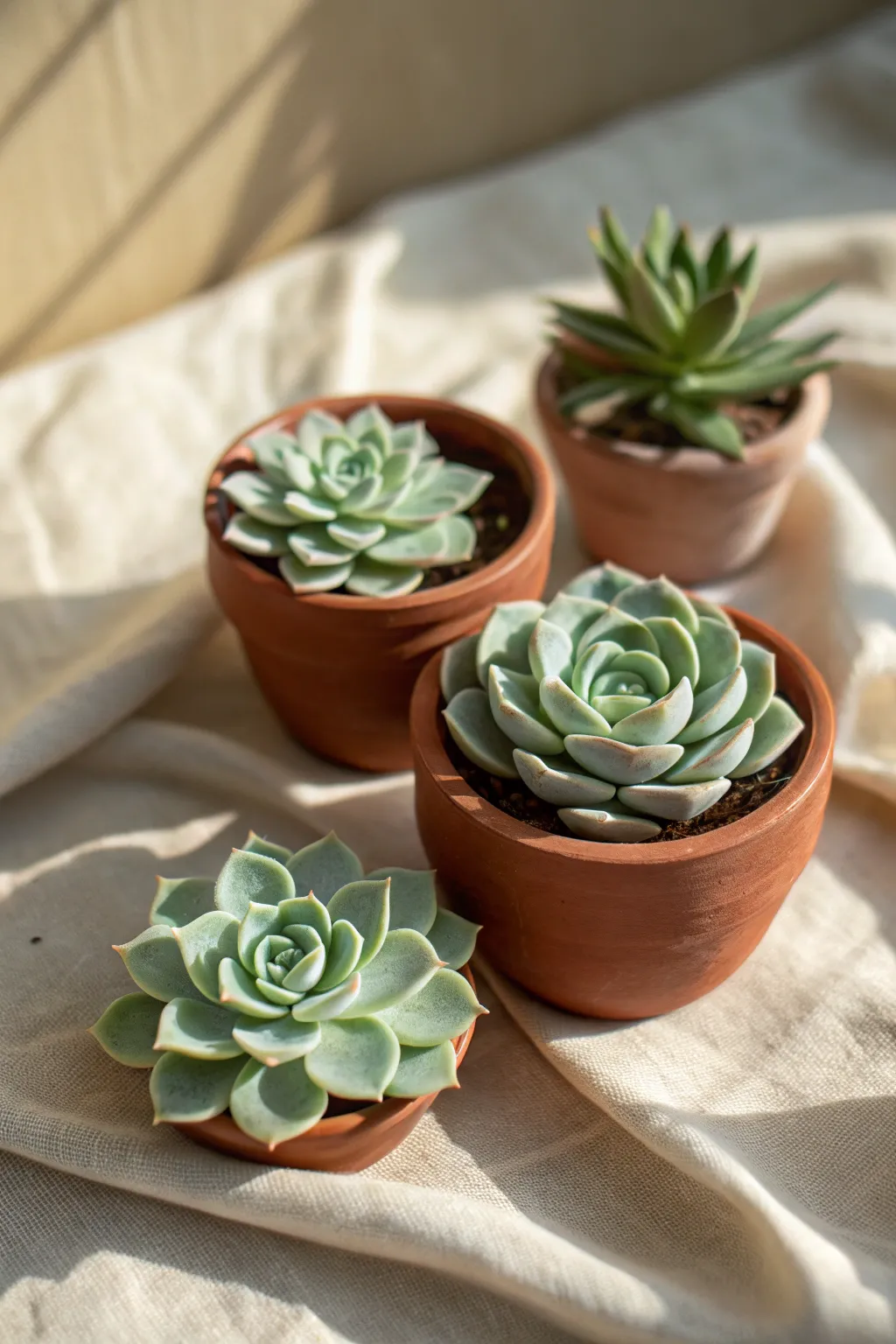 Mini clay succulent rosettes in tiny pots, simple shapes and soothing greens for easy plant decor