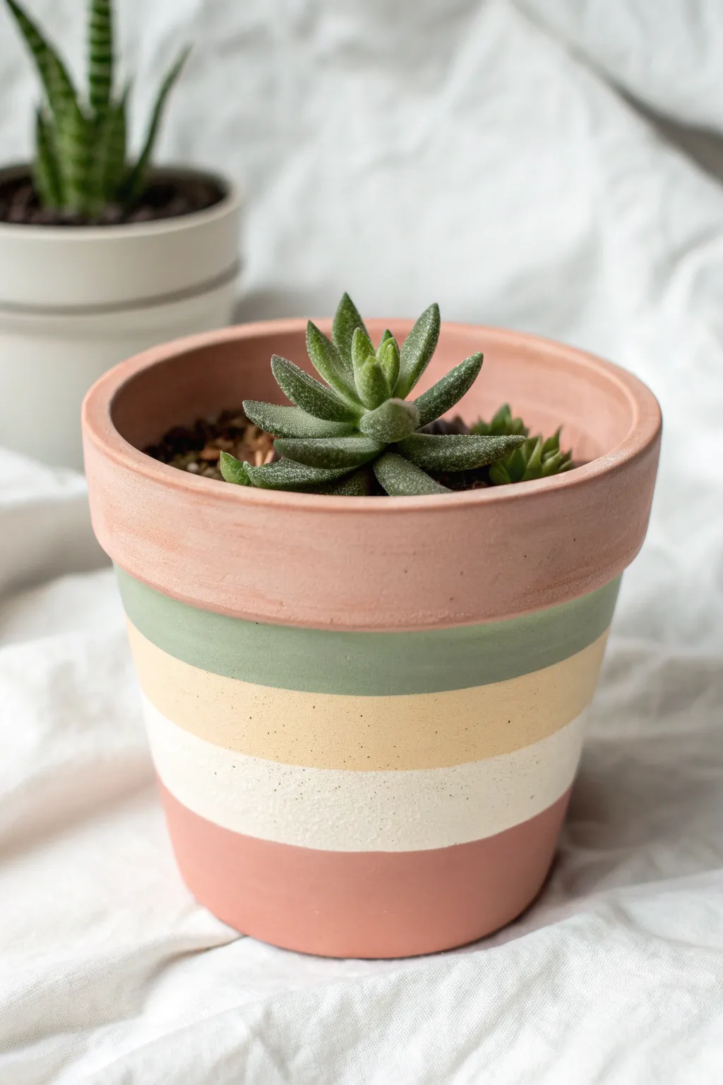 Minimal color-block terracotta pot with a tiny succulent, fresh, modern, and easy to recreate.