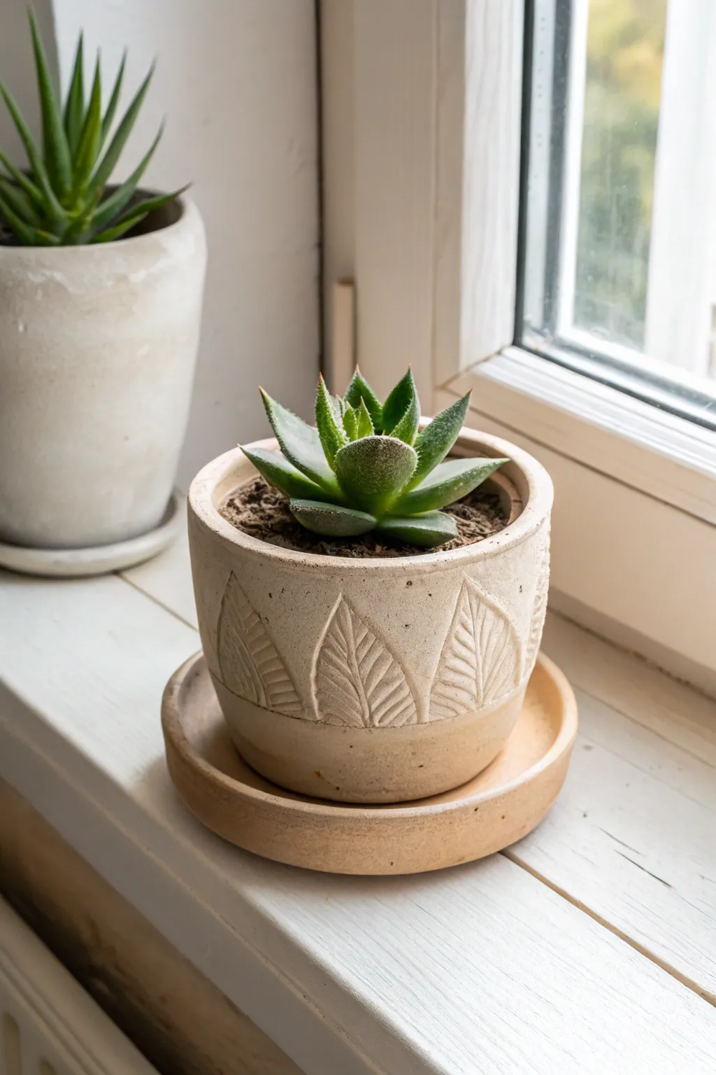 Classic pinch-pot clay planter with a single succulent, styled simply on a sunlit sill