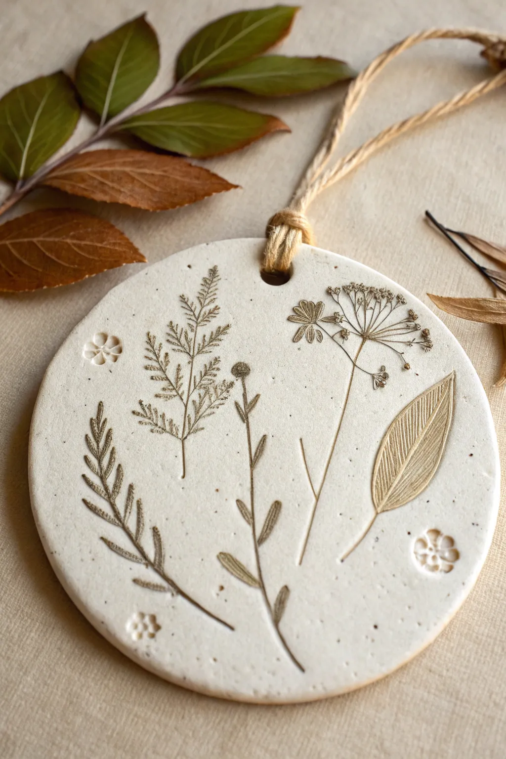Matte speckled clay plaque with crisp leaf imprints and simple jute cord on neutral linen.