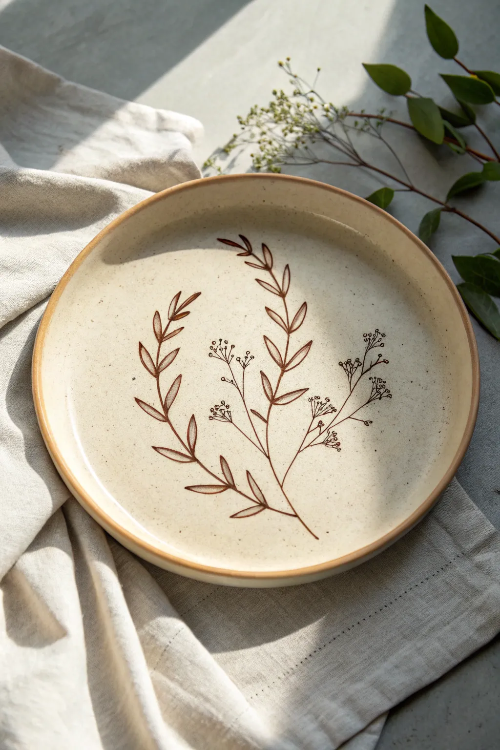 Classic botanical line art on a minimalist clay plate, calm Scandinavian vibe with boho warmth.