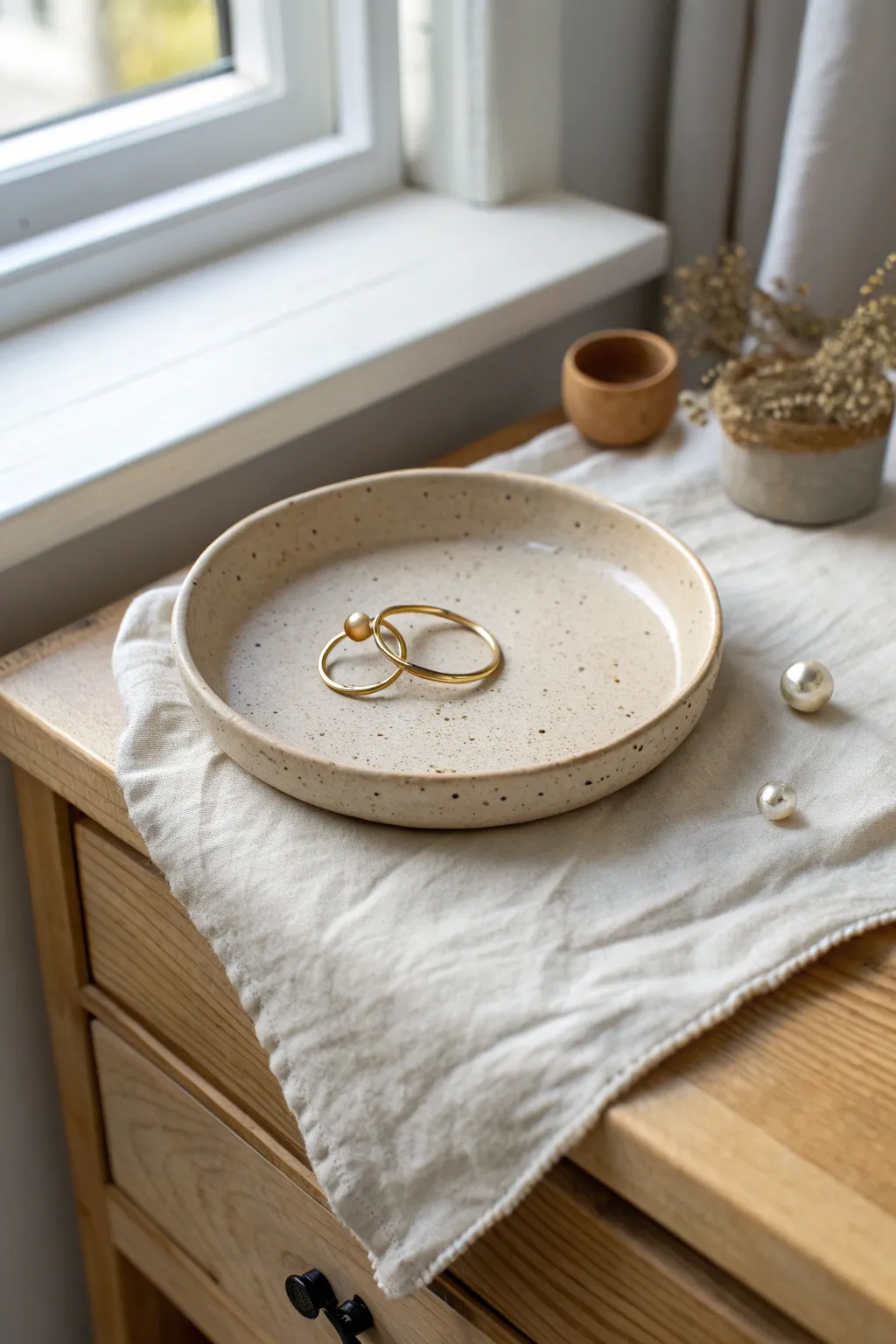 A classic round clay trinket plate in soft neutrals, perfect for keeping rings and studs tidy.