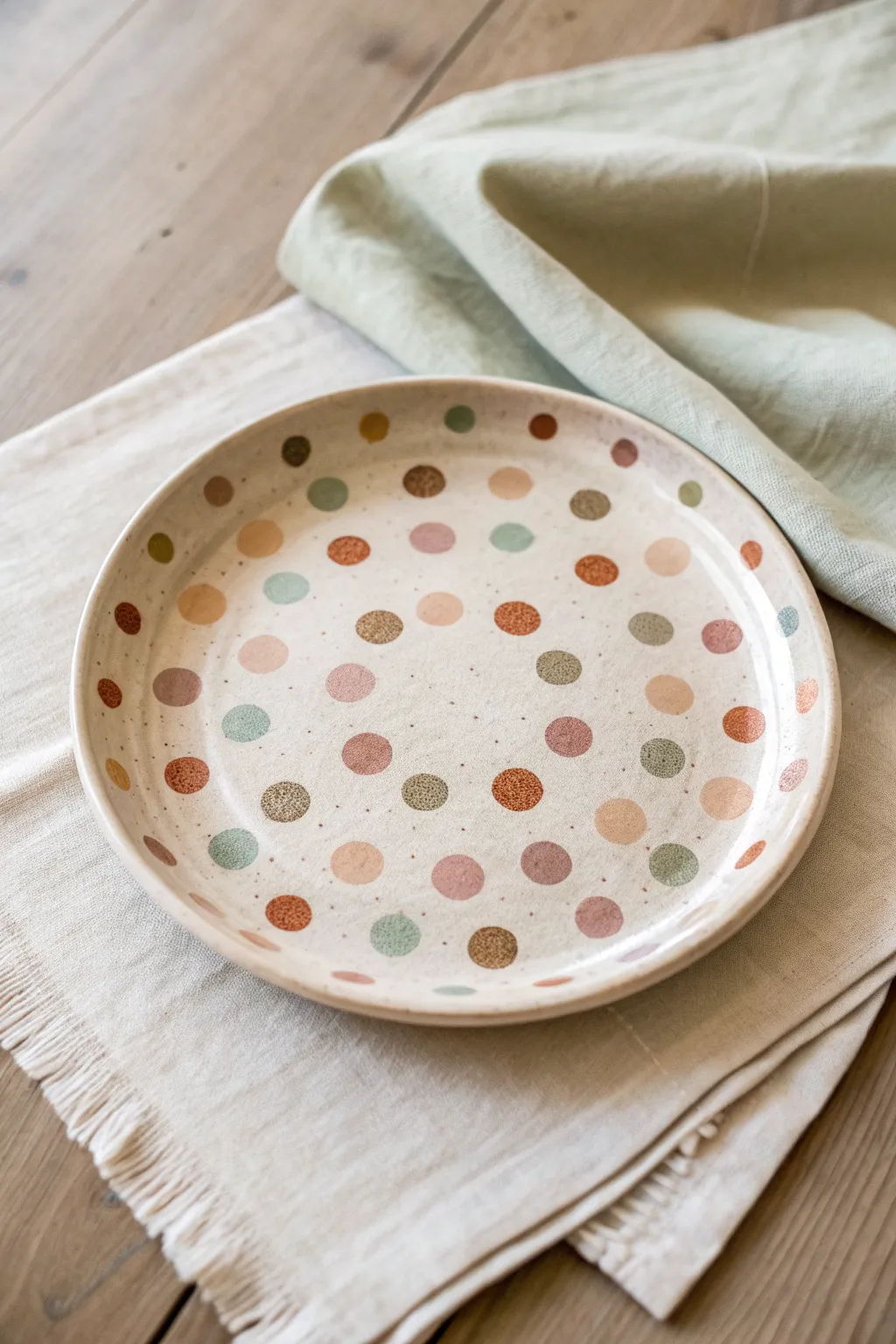 Polka dot confetti clay plate in soft boho tones, simple, cheerful, and beautifully handmade